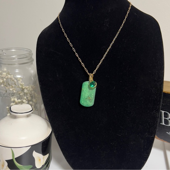 Green & Gold Epoxy Resin DogTag Necklace with Charm Adjustable Chain Handcrafted - Picture 1 of 8